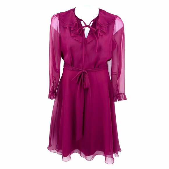 VINTAGE MISS ELLIETTE MAGENTA WINE SHEER LONG SLEEVE RUFFLE DRESS MCM FORMAL - 1 - Picture 1 of 9